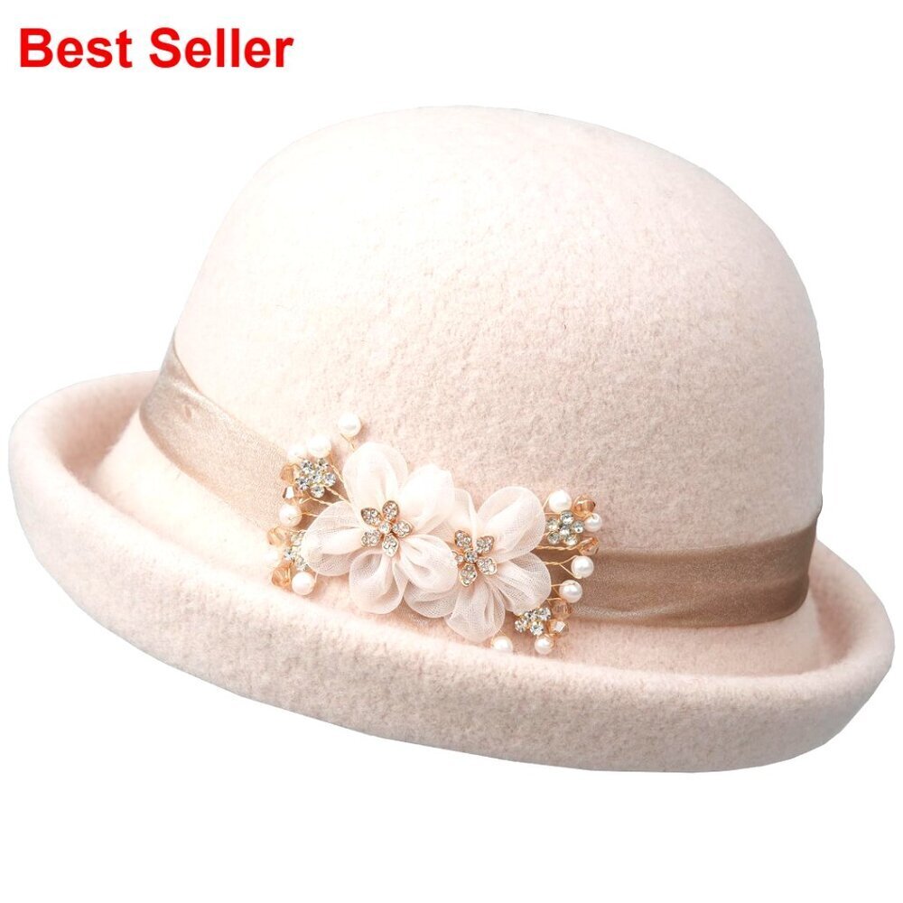 Wool Felt Floral Bucket Hat, Vintage Cloche Fedora for Women